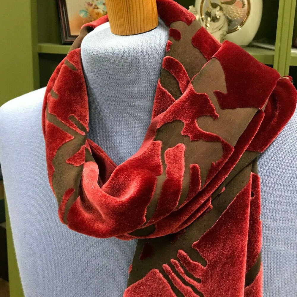 Burgundy Burnout Velvet Scarf with Silk Backing 10x59" Oblong Wrap Shawl